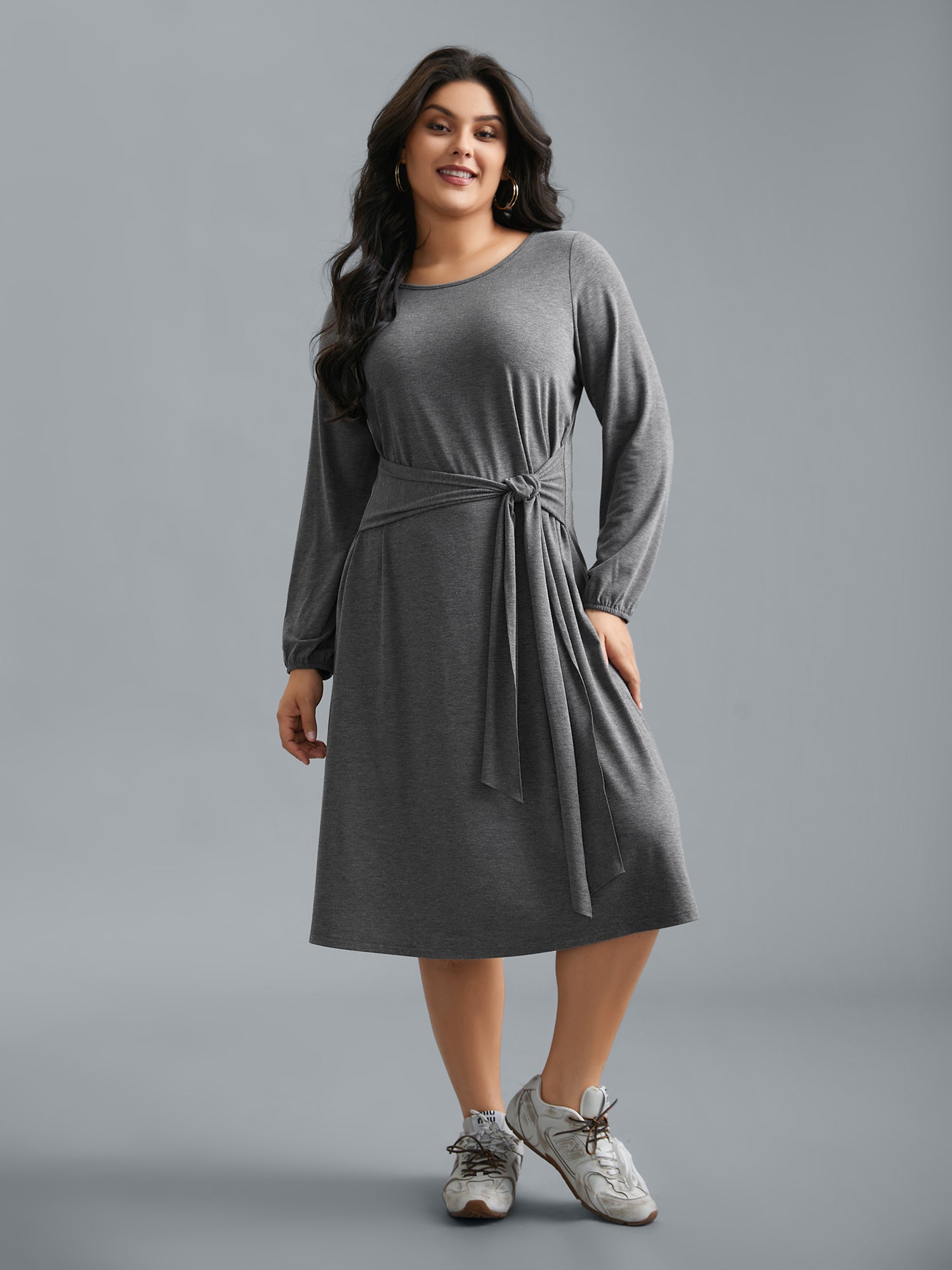 Stretchy Waist-Tie Plain Knit Dress