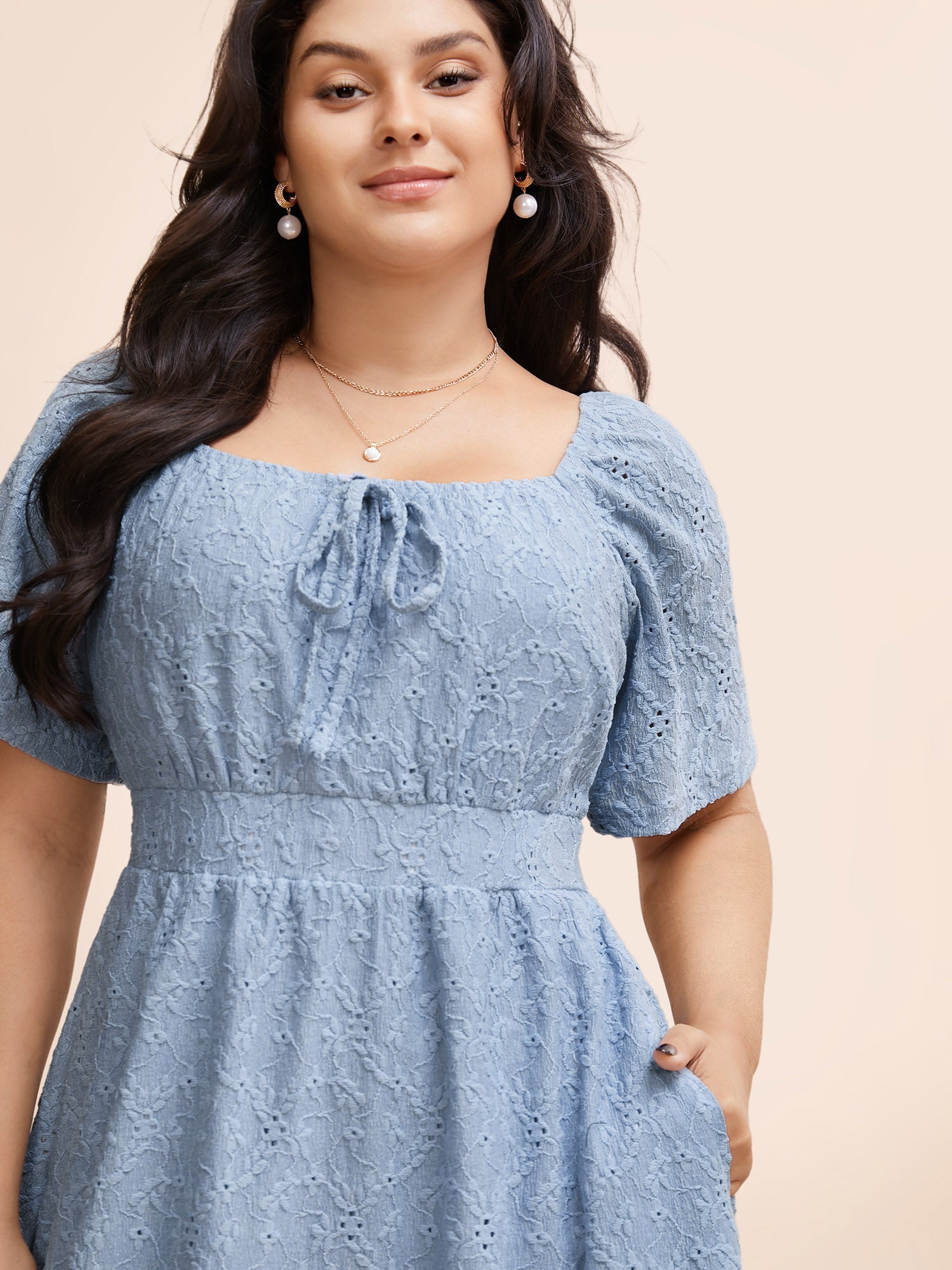 Textured Bowknot Ruffle Sleeve Dress