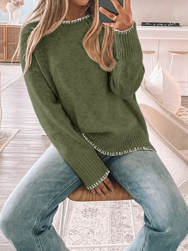 High-Low Long Sleeves Split-Joint Split-Side Round-Neck Pullovers Sweater Tops