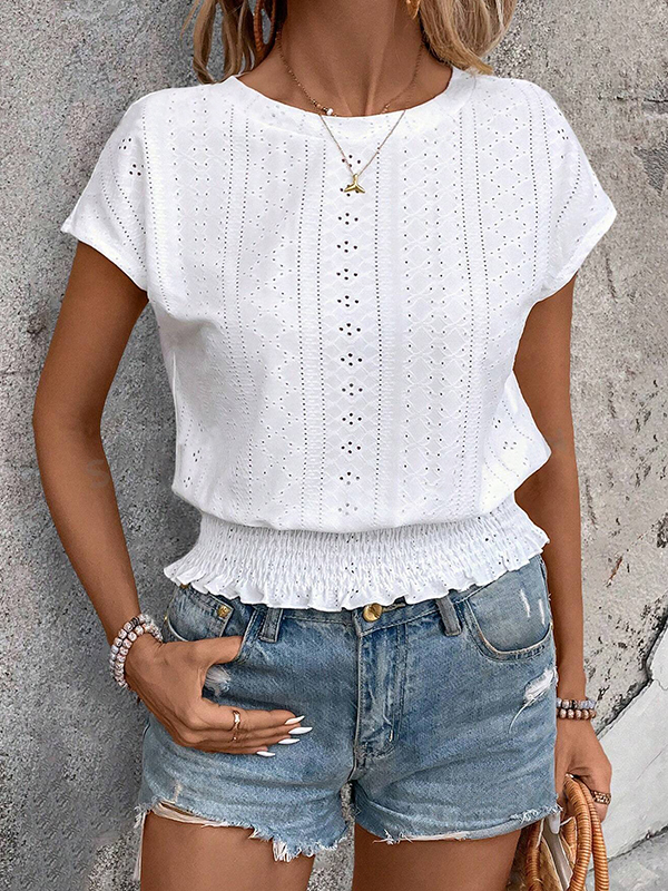 Loose Raglan Sleeve Elasticity Hollow Jacquard Solid Color Round-Neck T-Shirts Tops