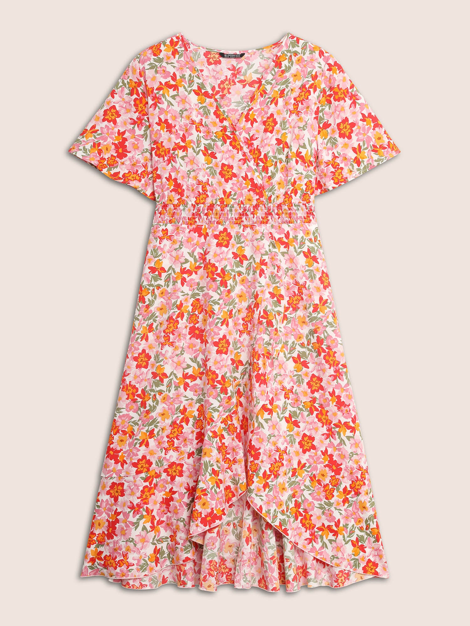 Floral Shirred Wrap Hem Ruffle Sleeve Midi Dress