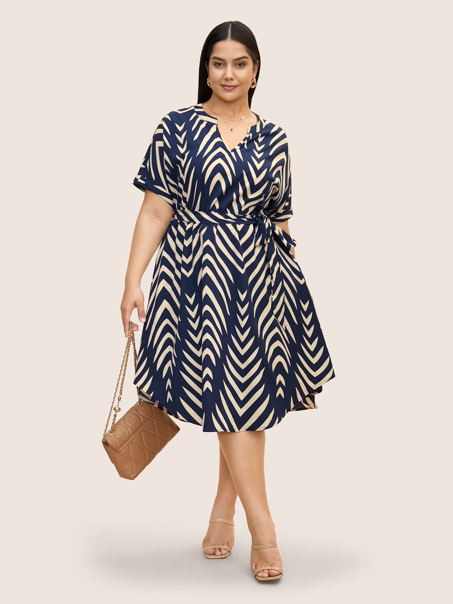 Geometric Belted Dolman Sleeve Curved Hem Dress