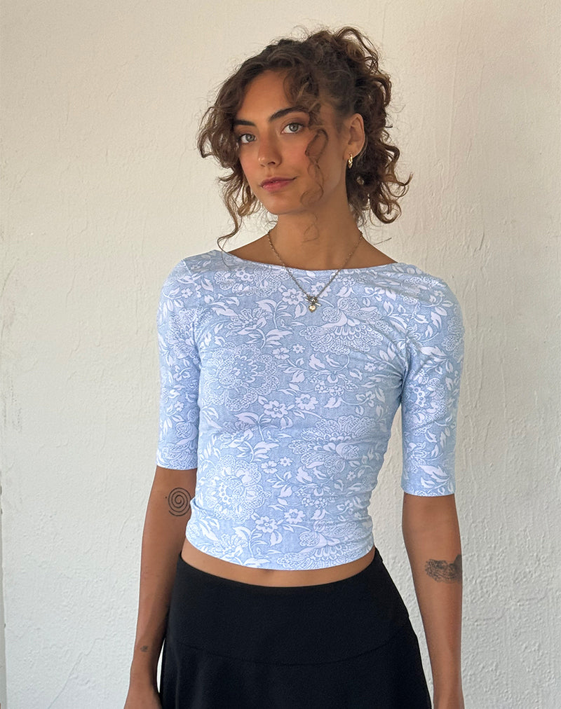 Xiwani Top in White Ornate Print Lycra