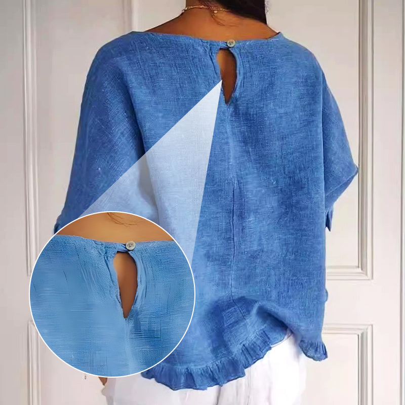 🔥🎁Round Neck Ruffled Hem Mid-sleeve Cotton and Linen Top