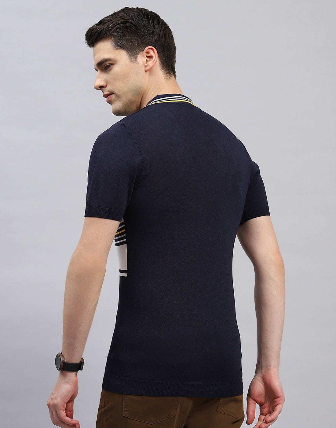 Men Navy Blue Stripe Polo Collar Half Sleeve T-Shirt