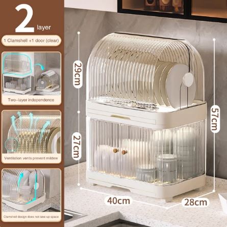 Kitchen Plate Rack With Lid Dish Tableware Storage Draining Box Cupboard