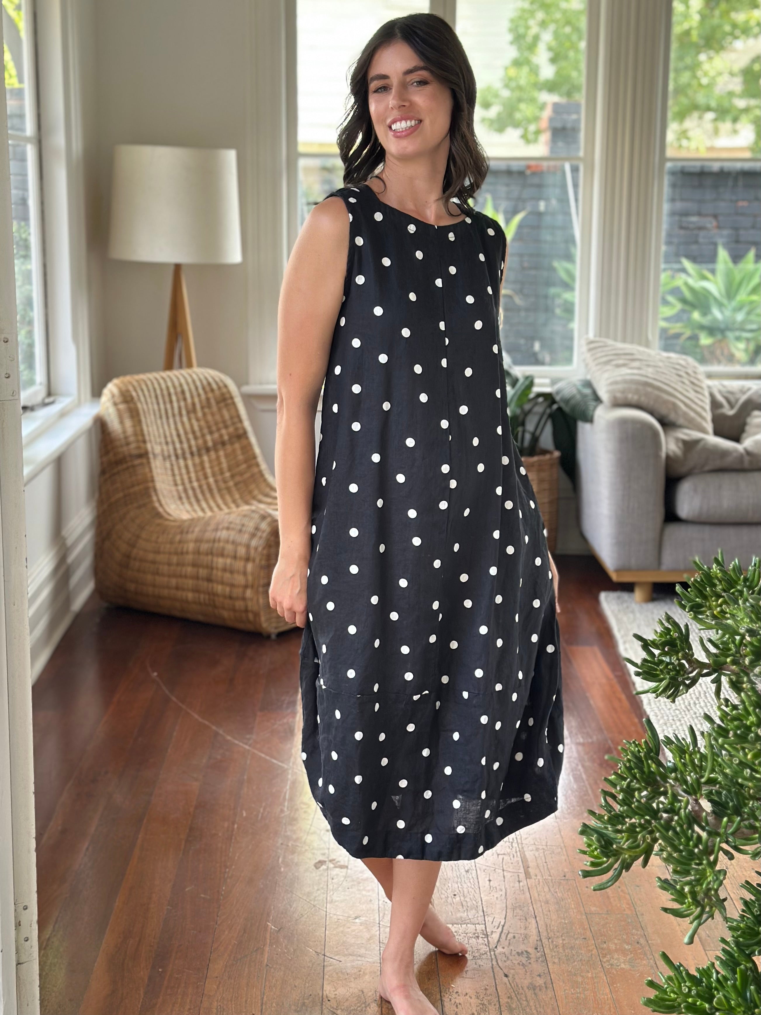 adele dress - black spot linen