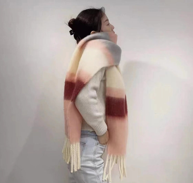 Latest Mohair Striped Tassel Scarf Fashion Geometric Gradient Shawl Versatile Thickened Scarf