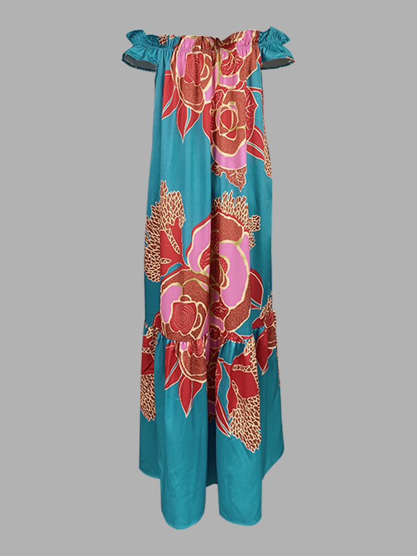 A-Line Loose Elasticity Flower Print Pleated Split-Joint Off-The-Shoulder Maxi Dresses