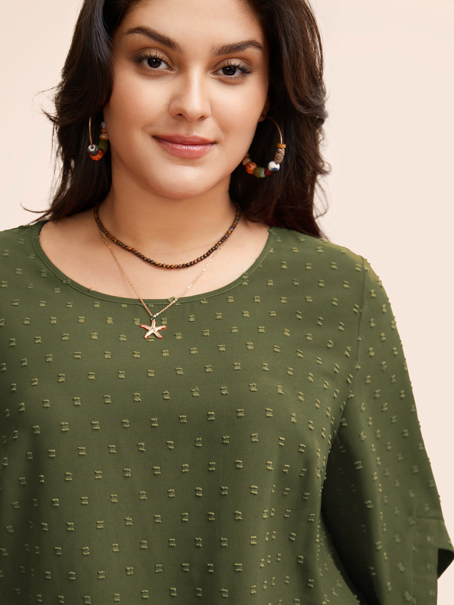 Textured Round Neck Bell Sleeve Blouse