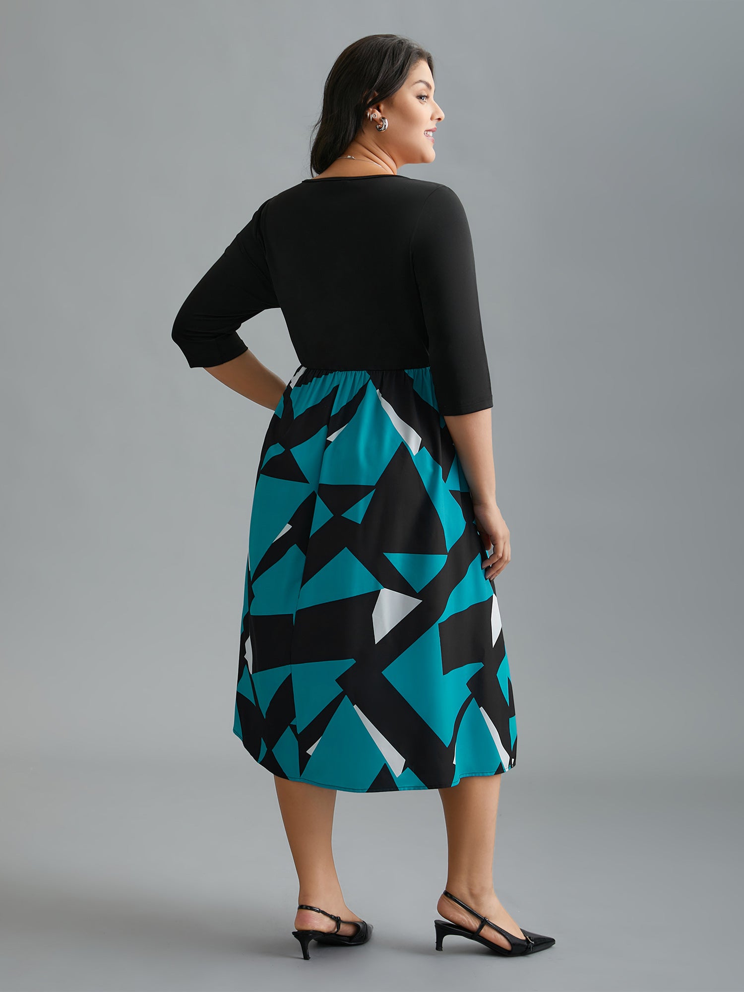V-Neck Geometric Color Contrast Dress