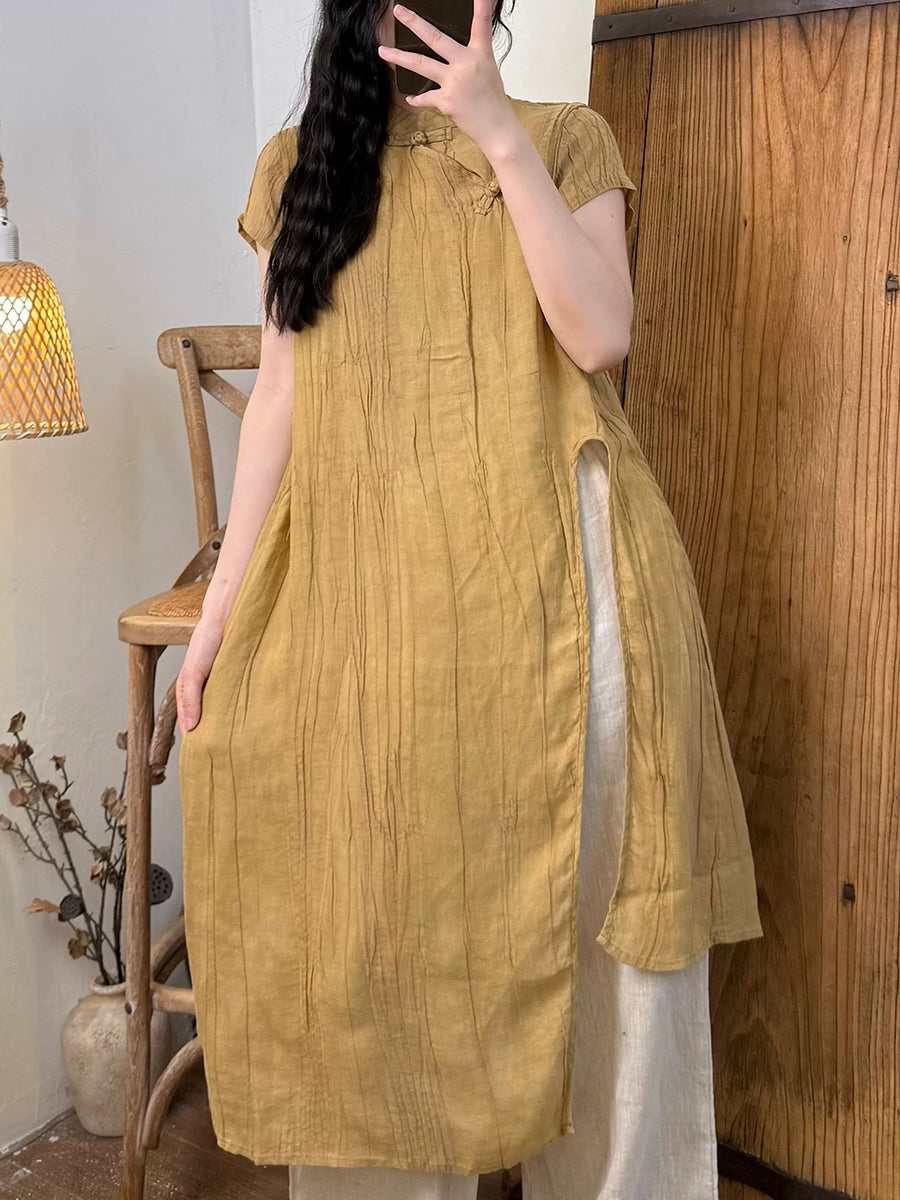 Women Summer Ethnic Pure Color High Split Ramie Robe Dress