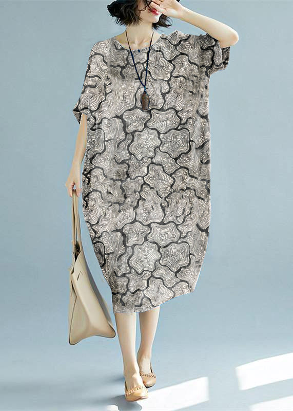 blue long linen dress plus size O neck floral linen clothing dresses casual short sleeve baggy dresses linen caftans