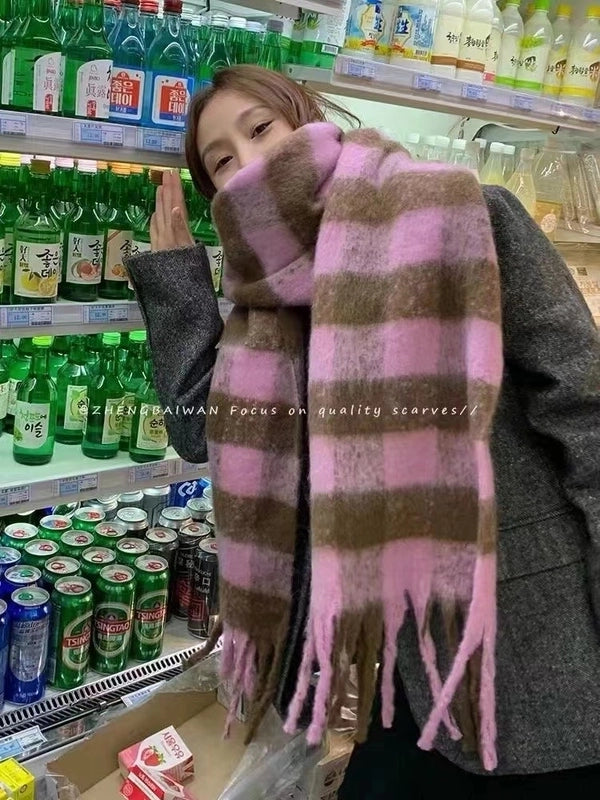 Black And White Plaid Mohair Tassel Scarf Women's Winter New Shawl Lengthened Fashionable Warm Scarf
