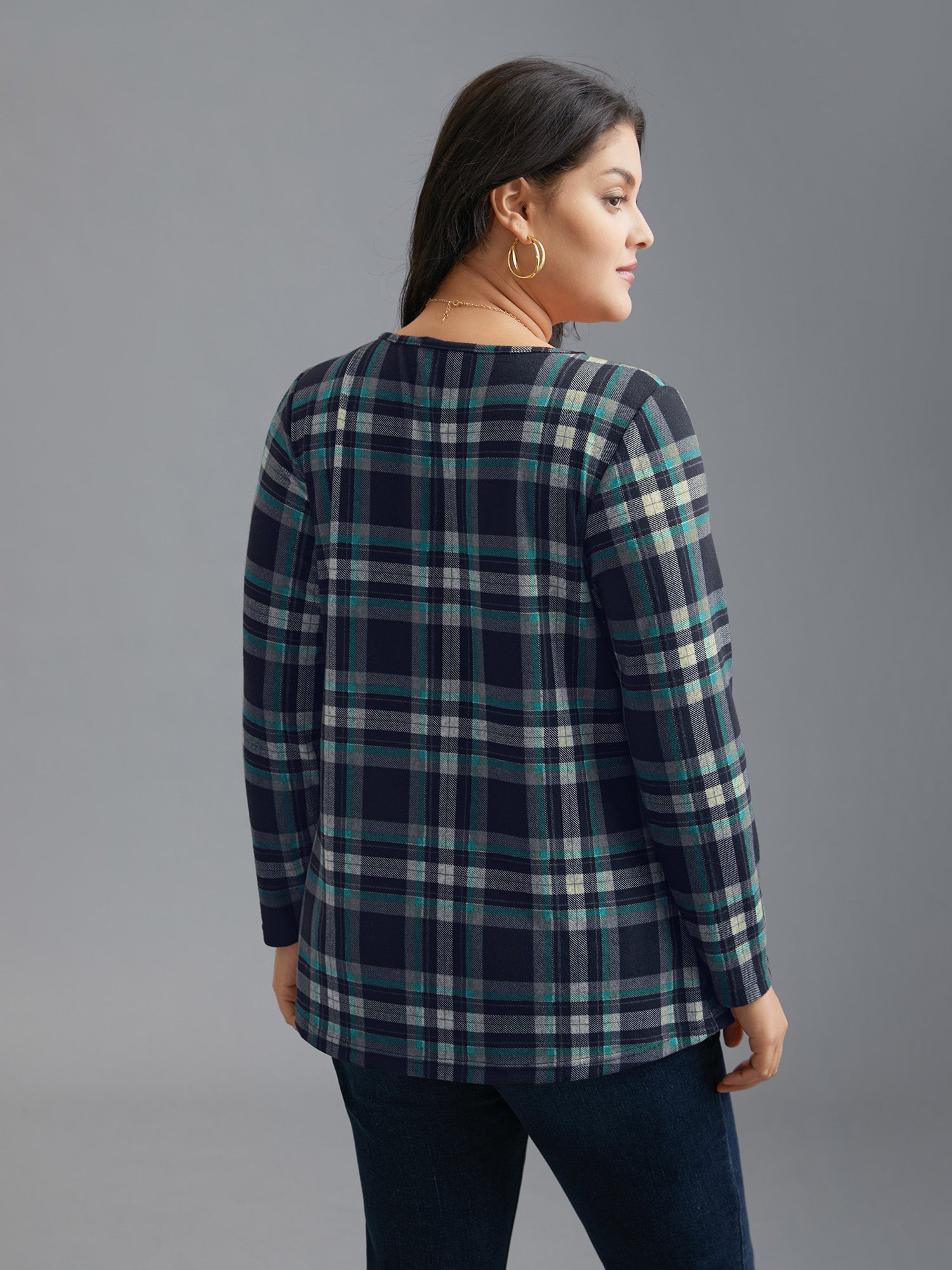 Plaid Pleated Square Neckline Knit Top