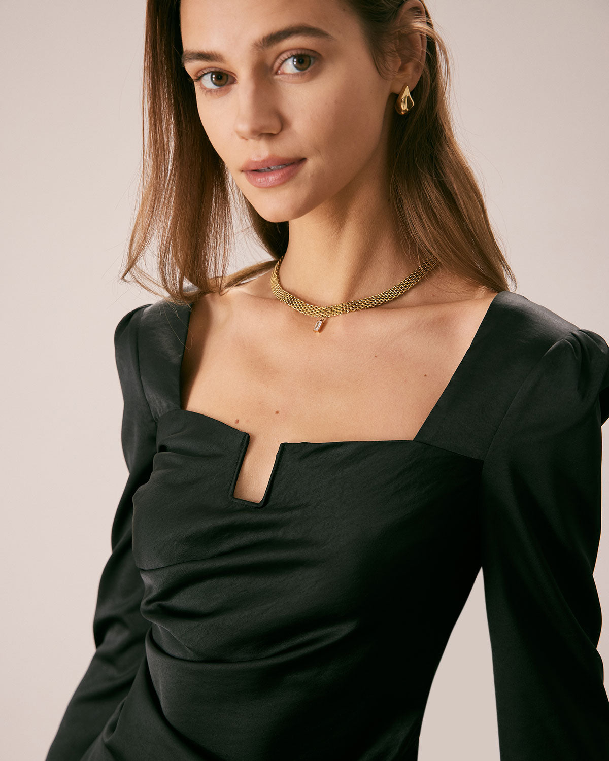 The Black Square Neck Ruched Satin Blouse