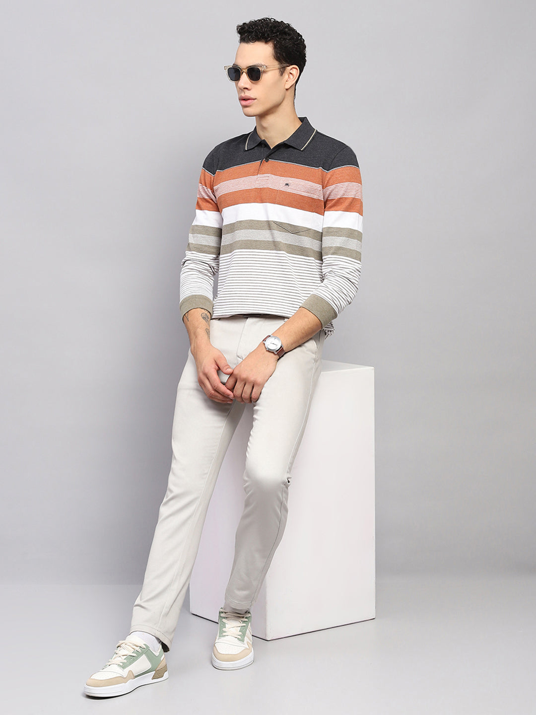 Men Multicolor Stripe Collar Full Sleeve Winter T-Shirt