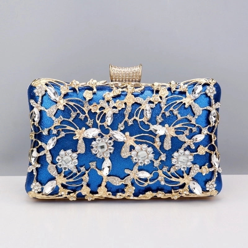 Black Gold Silver Pu Leather Flower Rhinestone Square Clutch Evening Bag