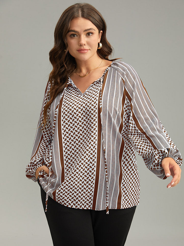Geo Striped Tie Lantern Sleeve Blouse