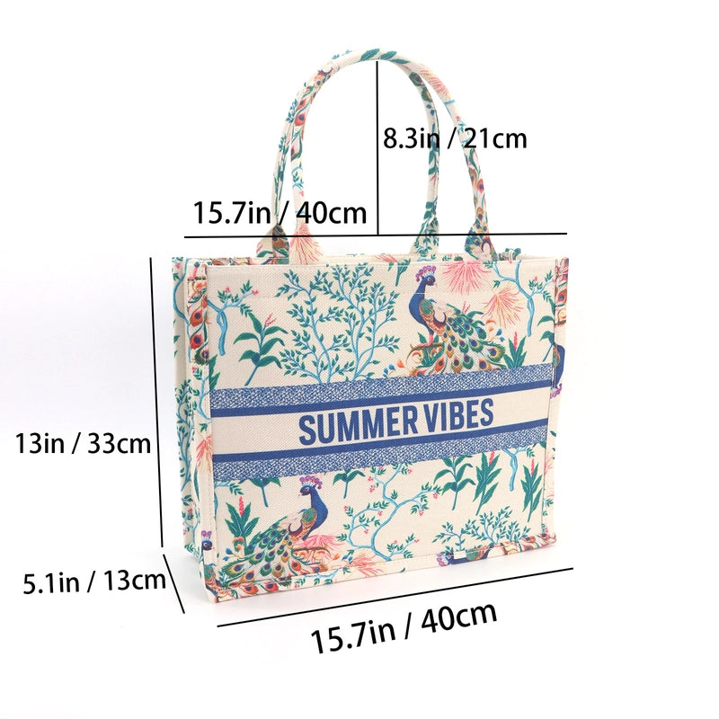 Women's Canvas Animal Letter Flower Elegant Embroidery Square Zipper Tote Bag