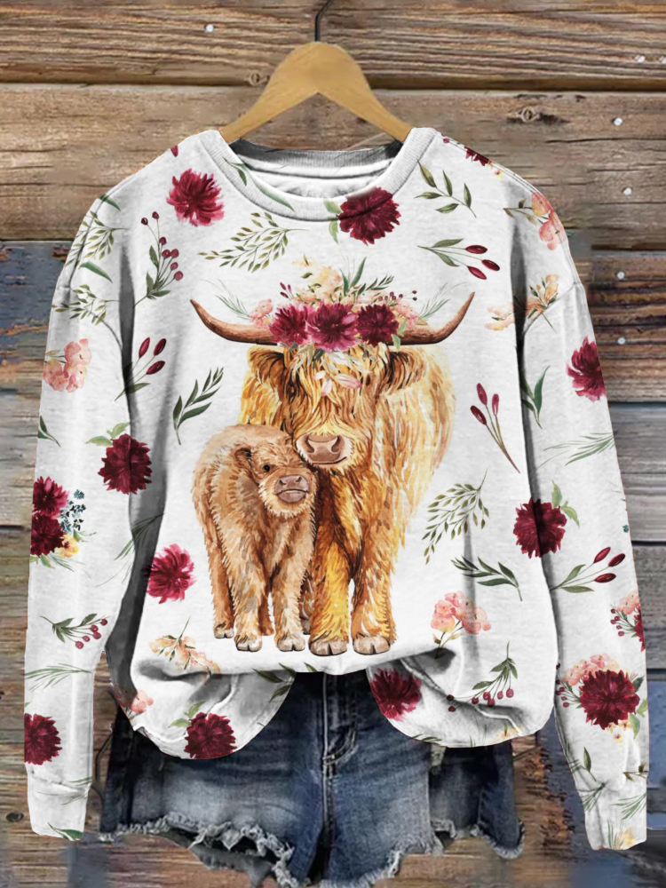 Maroon Floral Highland Cow Graphic Comfy Sweatshirt