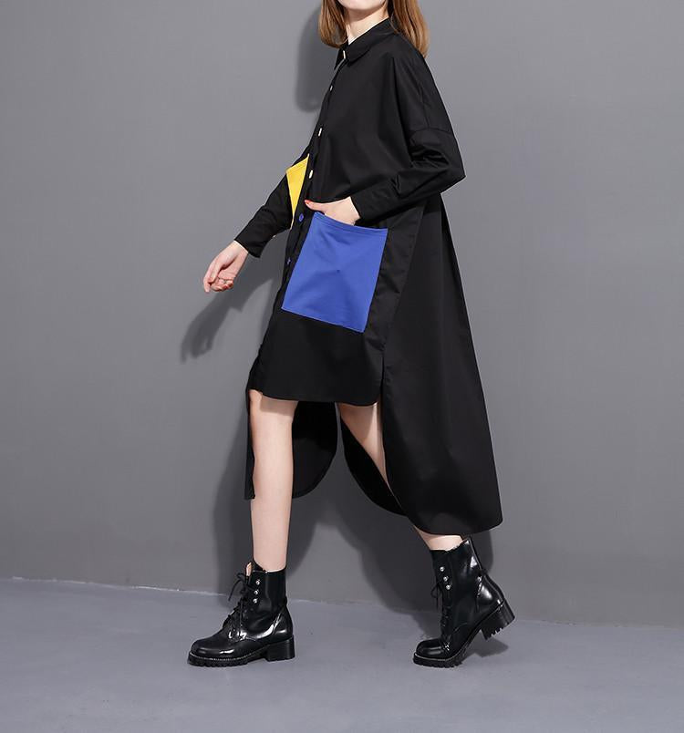 Asymmetrical Yellow And Blue Button Up Shirt Dress