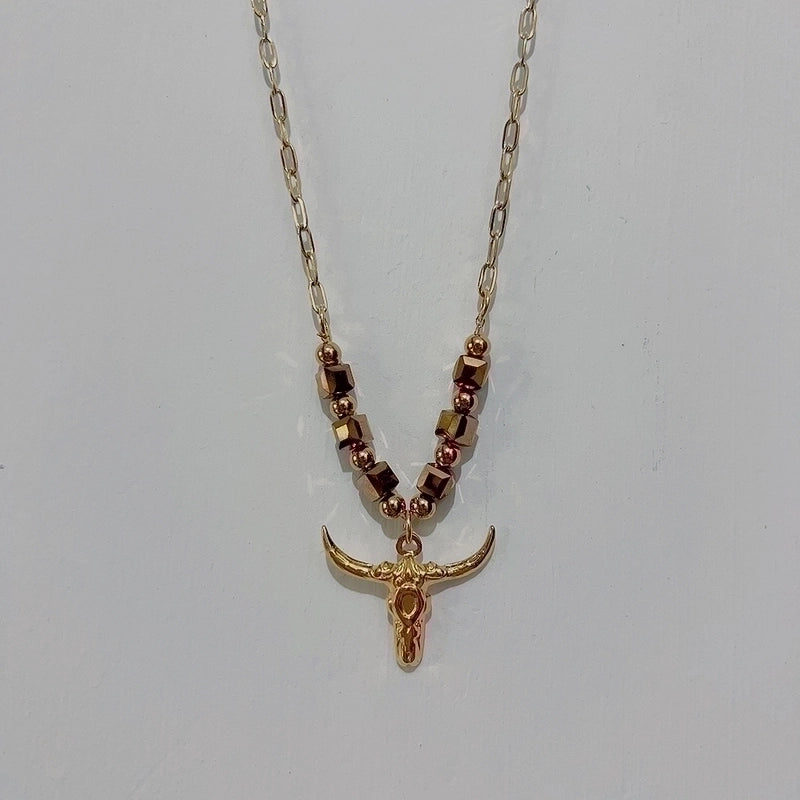 Fashion Bull Head Stainless Steel Plating Natural Stone Pendant Necklace