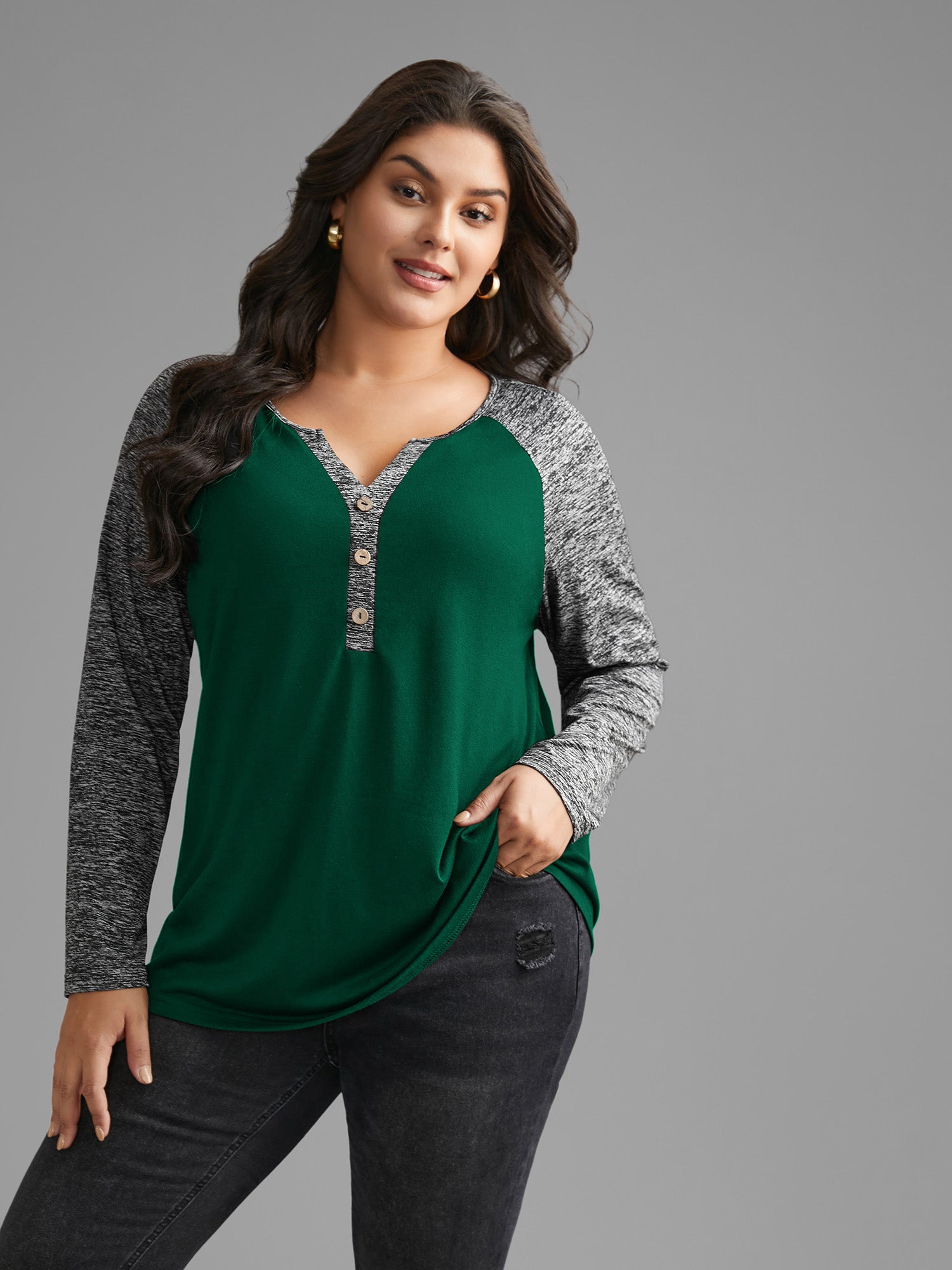 Heather Patchwork Button Detail Stretchy T-Shirt