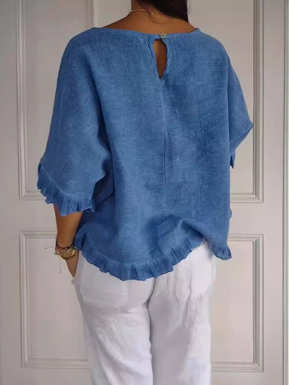 🔥🎁Round Neck Ruffled Hem Mid-sleeve Cotton and Linen Top