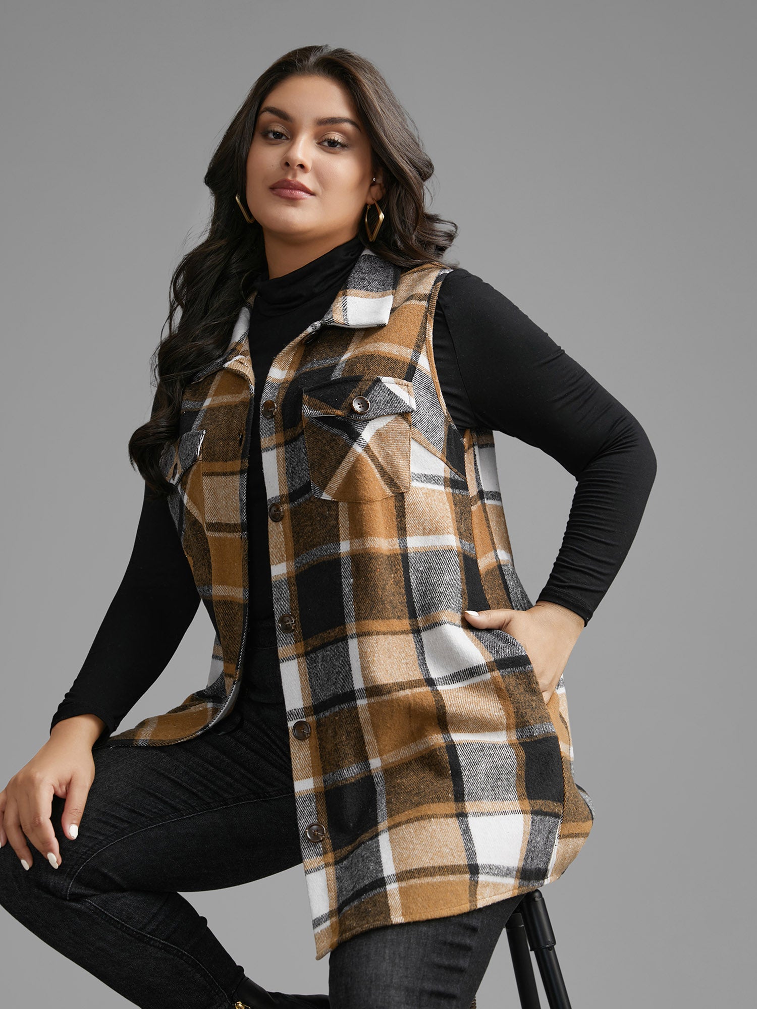 Plaid Flap Detail Sleeveless Jacket