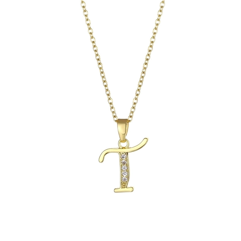 Stainless Steel Titanium Steel 18K Gold Plated Fashion Plating Inlay Letter Zircon Pendant Necklace