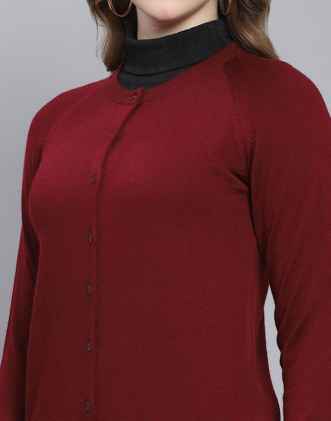 Women Maroon Solid Round Neck Full Sleeve Cardigan