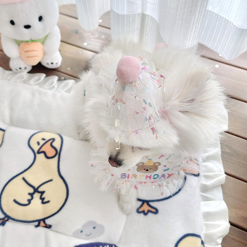 Birthday Bear Printed Dog Cat Bib&Hat Set