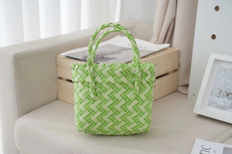 Women's Small PVC Stripe Bow Knot Cute Weave Square Open Handbag