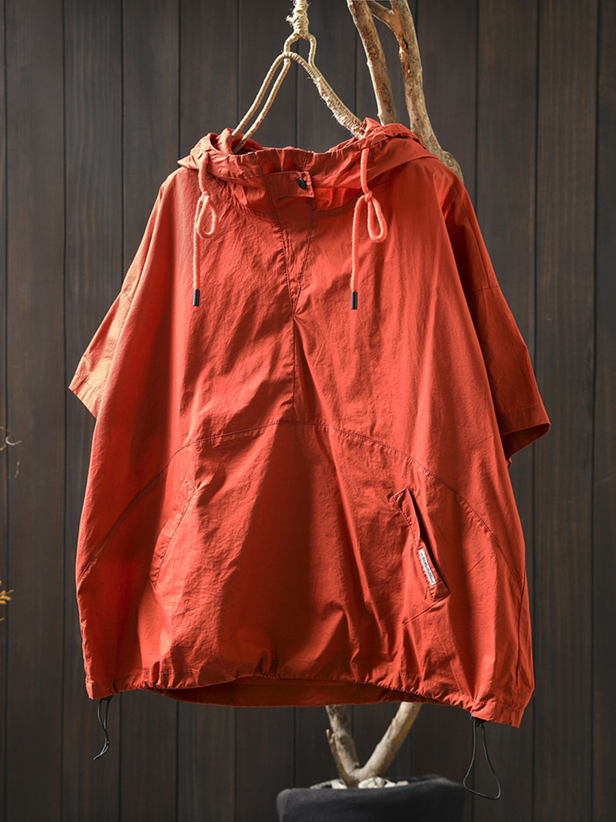 Women Summer Casual Pure Color Hooded Cotton Shirt