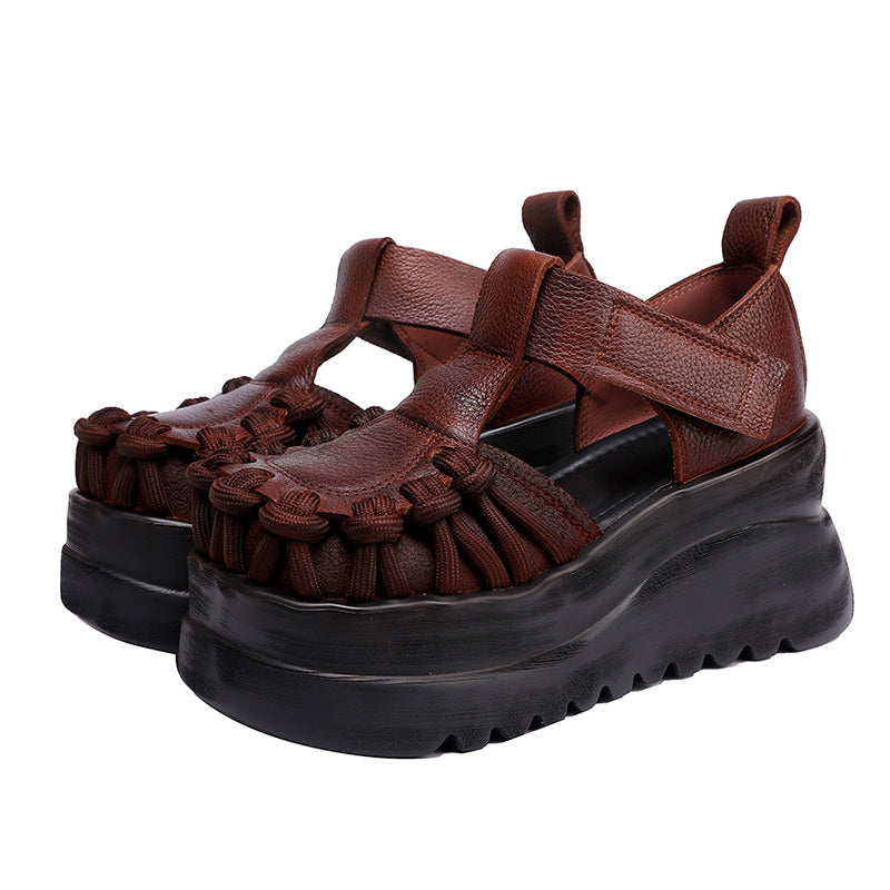 80mm Heel Fashion Chunky Platform T-Strap Cow Leather Sandals in Black/Brown