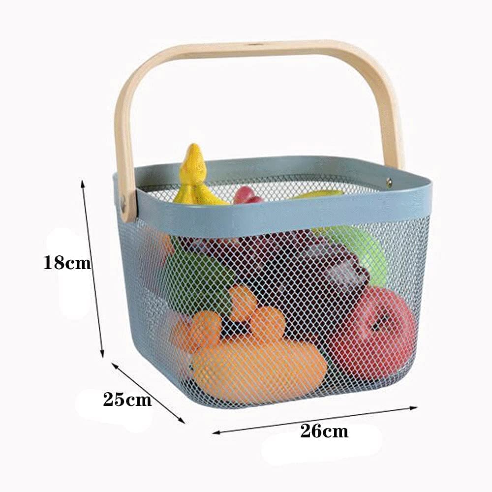 Mesh Steel Basket with Wooden Handle-Square Blue