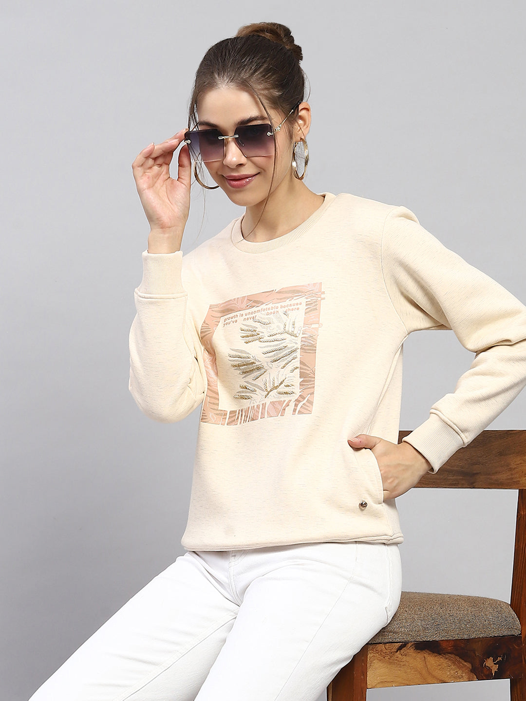 Women Beige Printed Round Neck Full Sleeve Sweatshirt