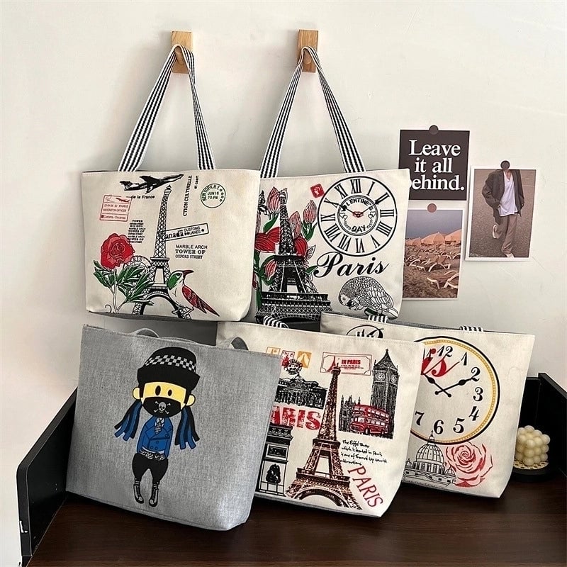 Women's Classic Style Color Block Canvas Shopping Bags