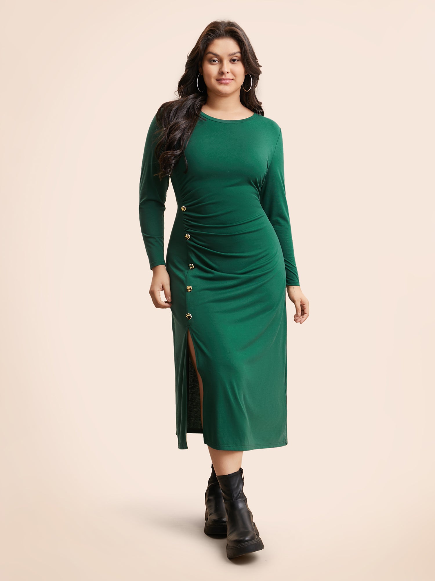 Plain Button Detail Split Hem Dress