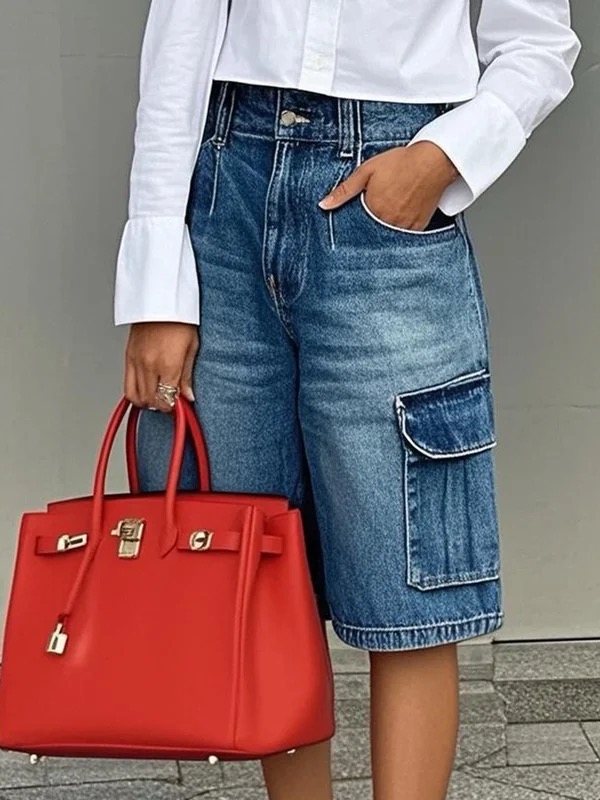 Loose Wide Leg Buttoned Pockets Jean Pants Bottoms Shorts Bottoms