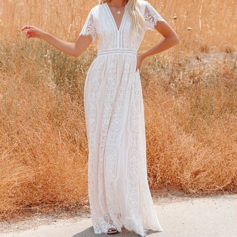 Boho Dress for Women|Bohemian Dress|Midi Boho Dress| Deep V-neck Lace Hollow Out Bohemian Maxi Dress Vintage Lady White Boho Dresses|Wedding Guest Dress