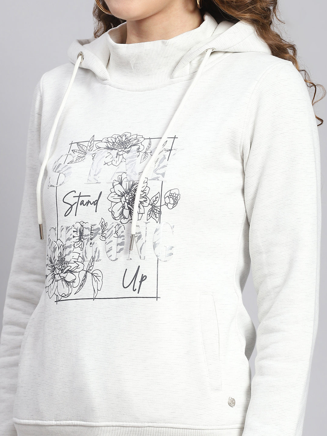 Women Off White Printed Hooded Full Sleeve Sweatshirts