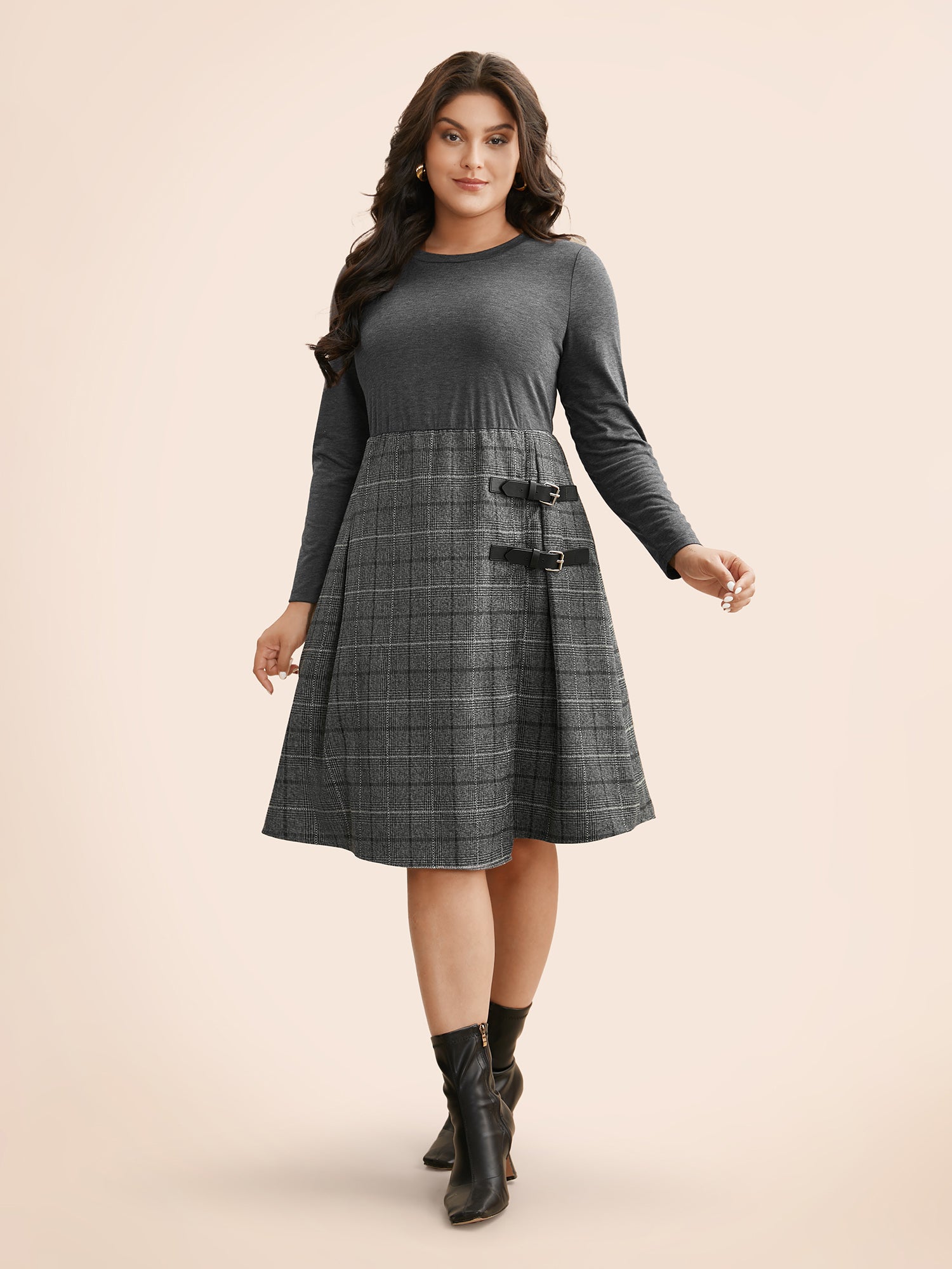 Plaid Patchwork Buckle Detail Pleated Dress