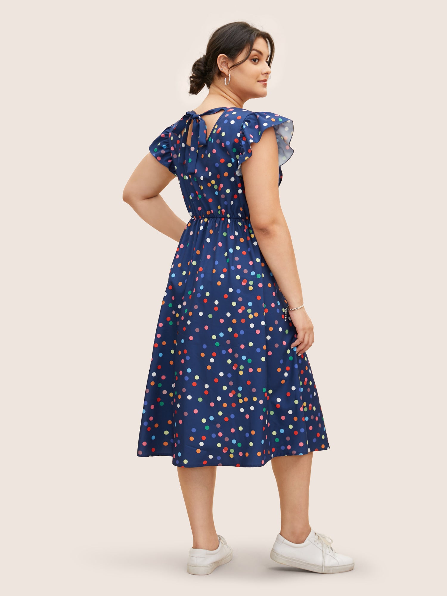 Colored Polka Dot Tie Knot Ruffle Cap Sleeve Dress