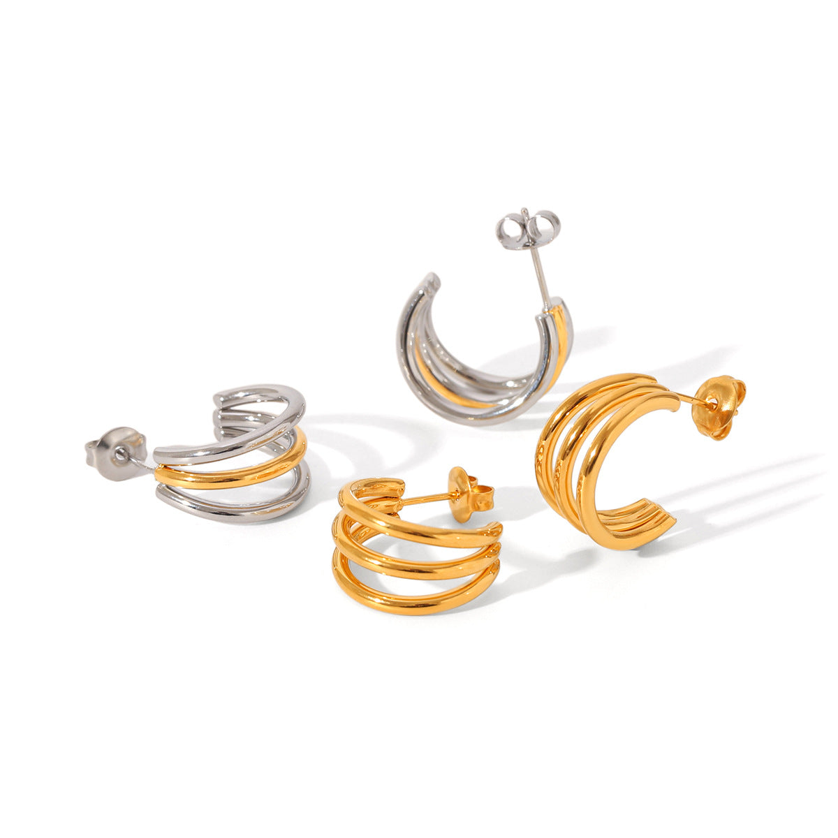 C-Shaped 18K Gold Stainless Steel Earrings Design Three-Layer Titanium Steel Earrings Female Earrings
