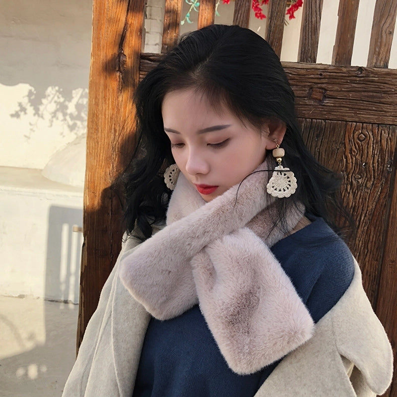 New Winter Faux Rex Rabbit Fur Scarf Women's Warm Anti-wind Necker Solid Color Cross Scarf Mao Scarf