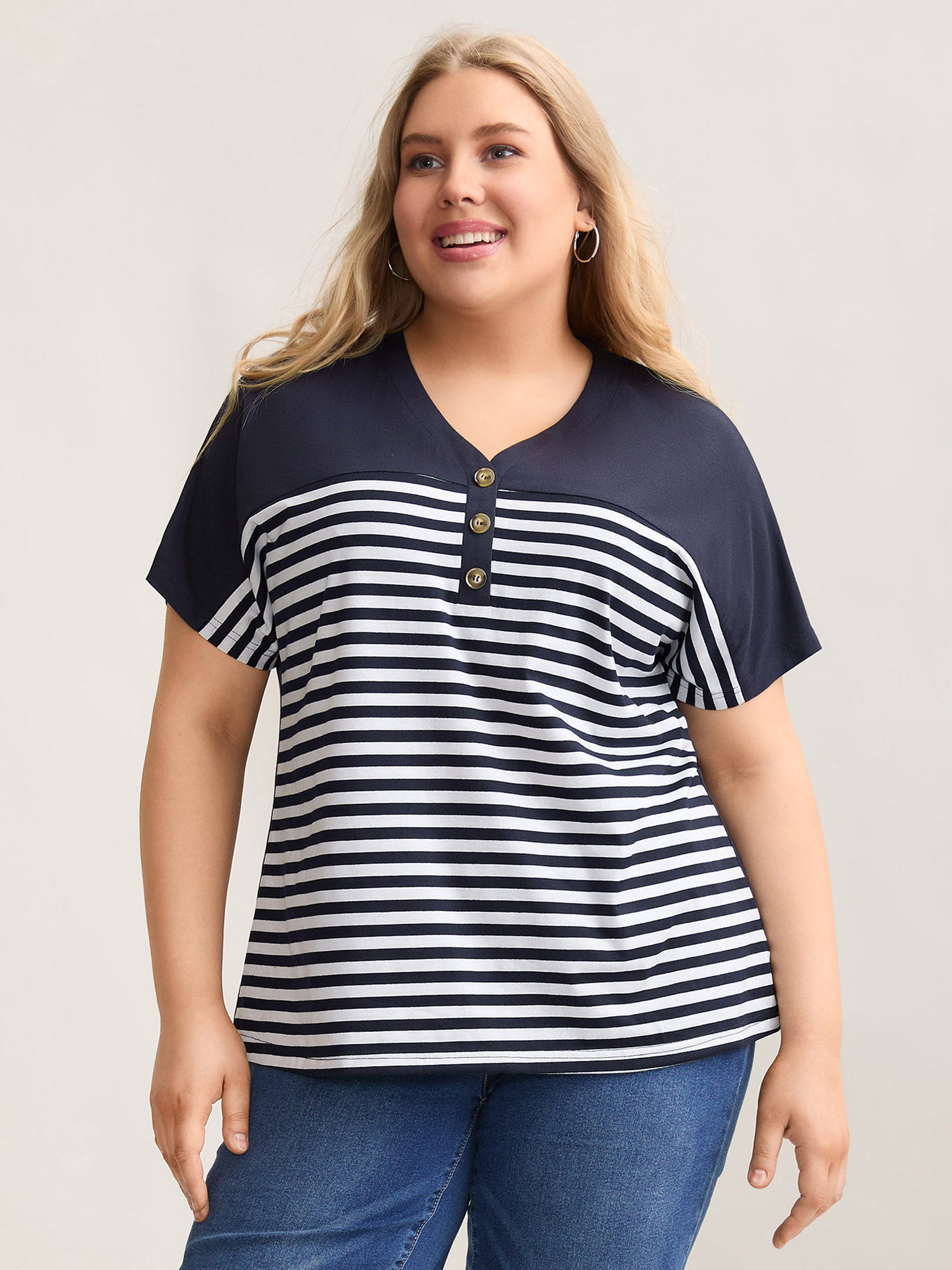 Stretchy Striped Button Front T-Shirt