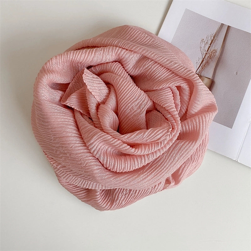 Heavy Bright Silk New Pleated Texture Scarf Women's Autumn And Winter All-Matching Long Solid Color Shawl Dual-Use