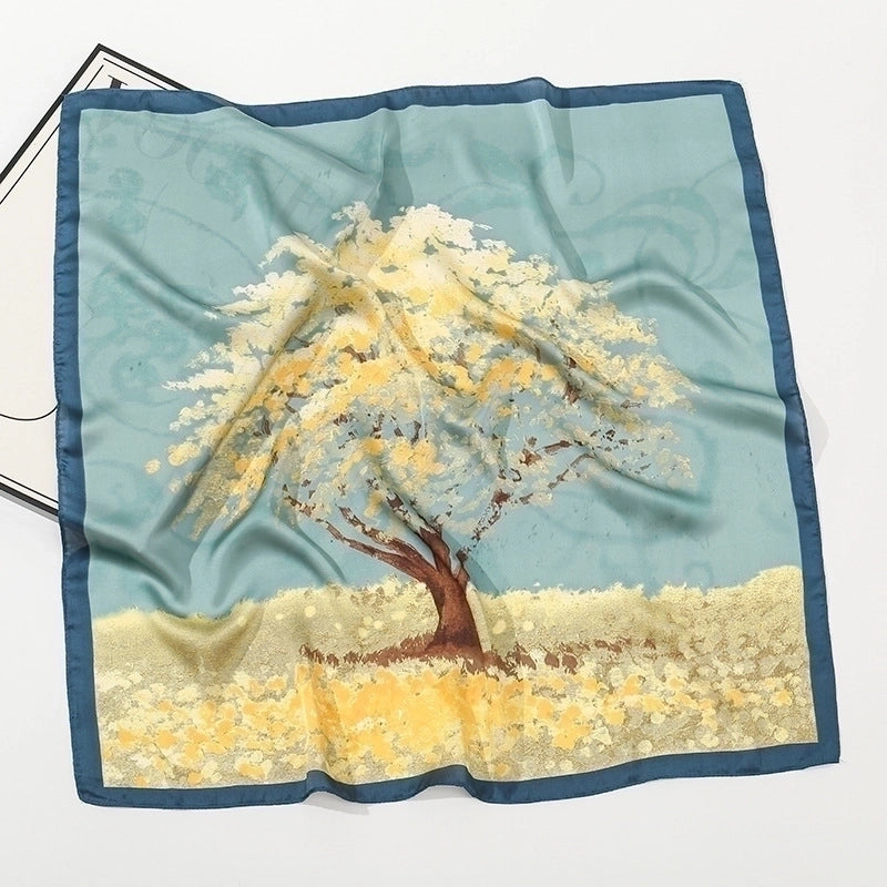 Women's Pastoral Minimalist Moon Tree Satin Printing Silk Scarf Bandanas